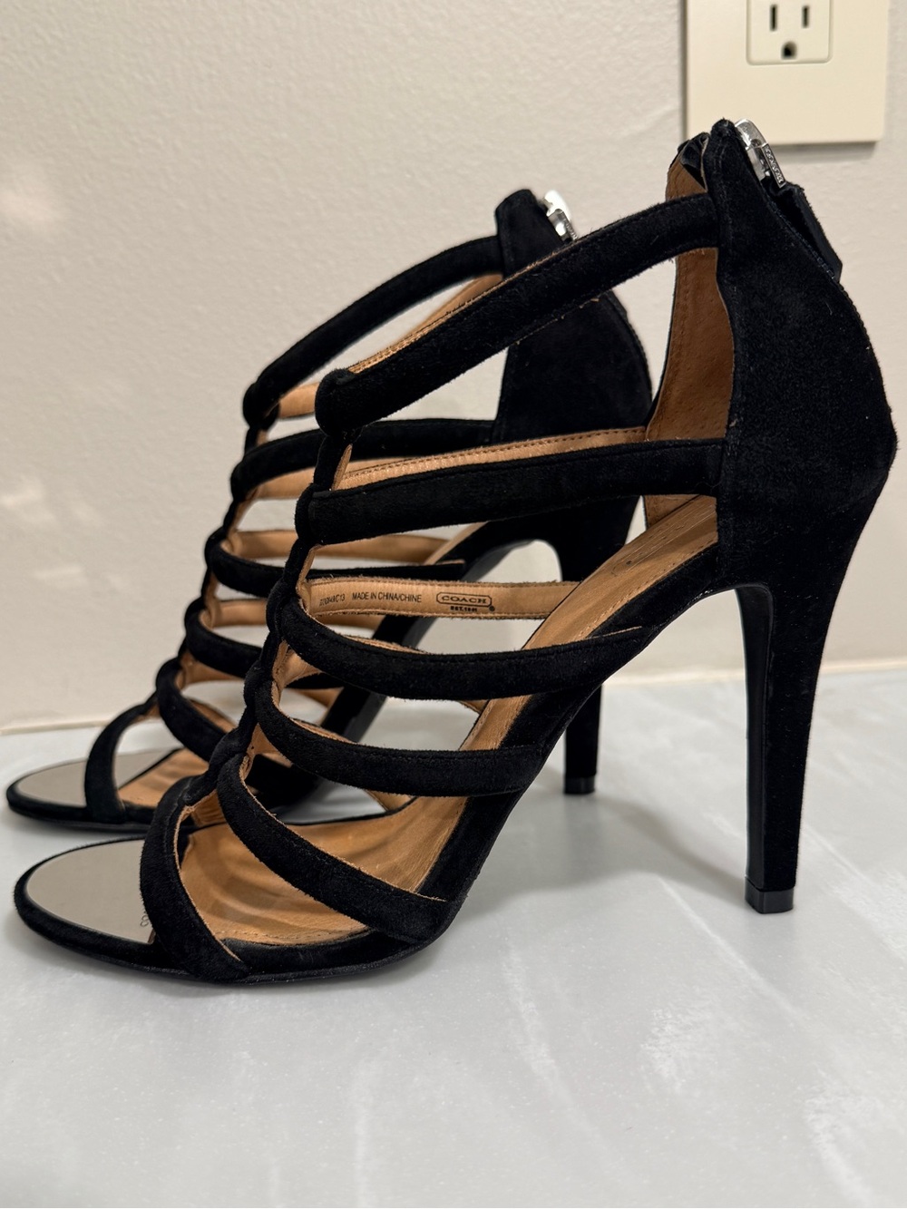 COACH Lavania Black Suede Strappy Stilettos Heels Zipper Back - Size 8.5